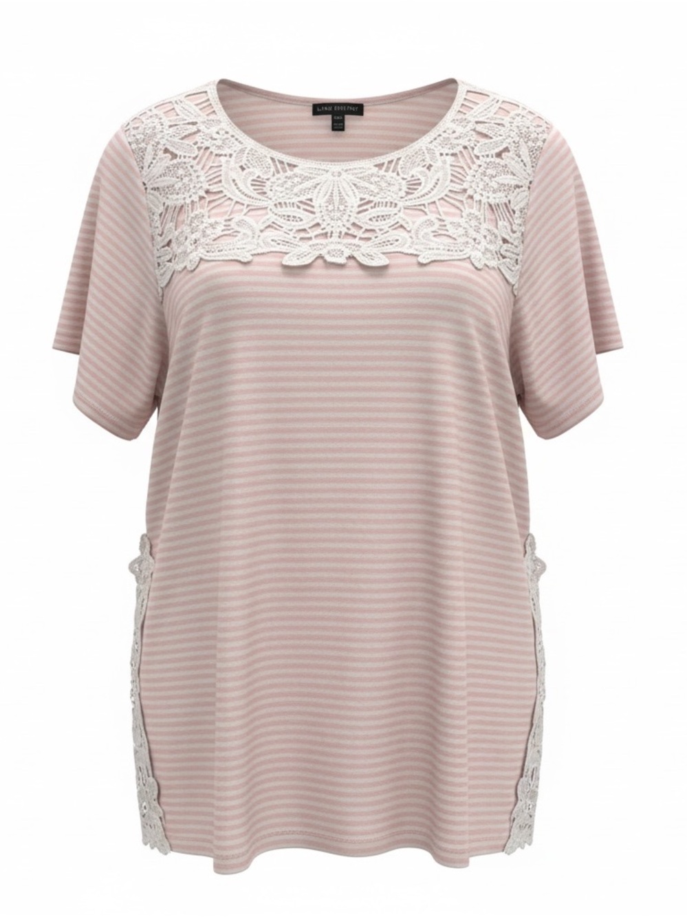 Lane Bryant Pink Stripe Crochet Lace Yoke Short Sleeve Tee Top Size 26/28